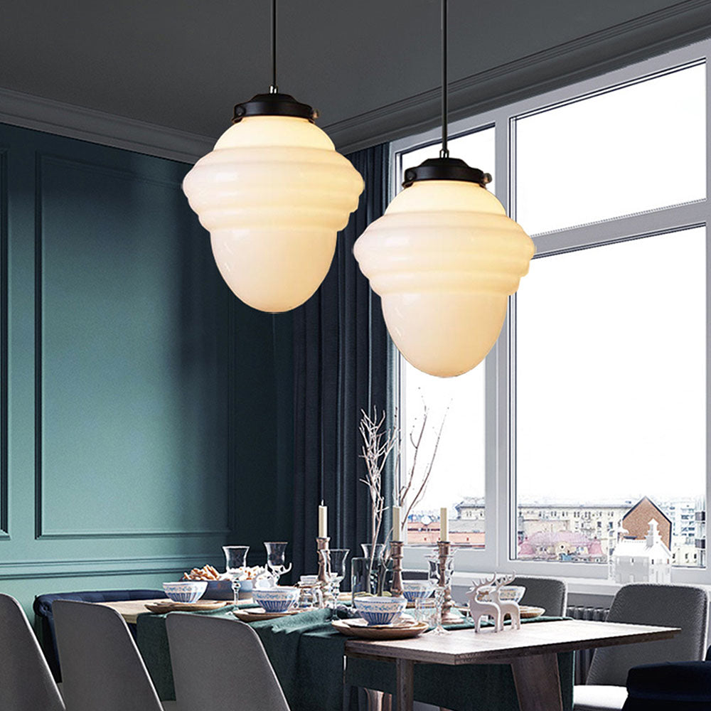 Suspension lumineuse vintage en verre blanc laiteux géométrique