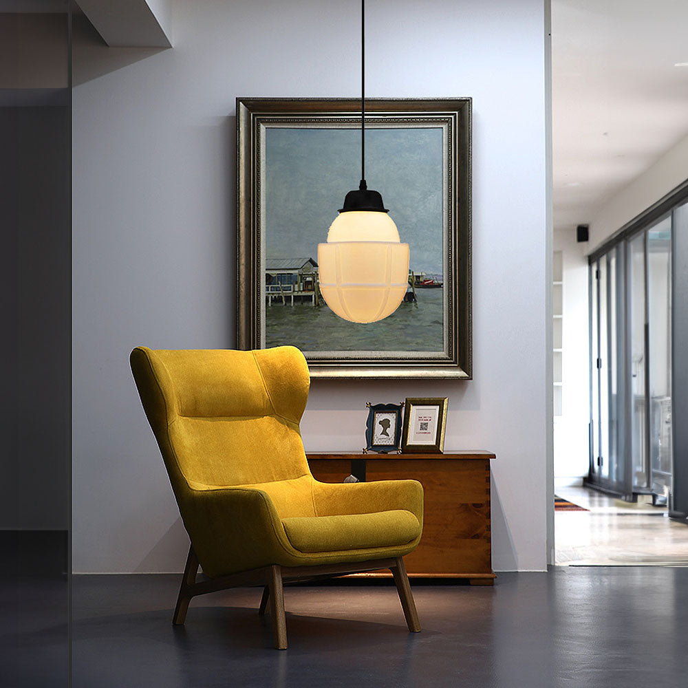 Suspension lumineuse vintage en verre blanc laiteux géométrique