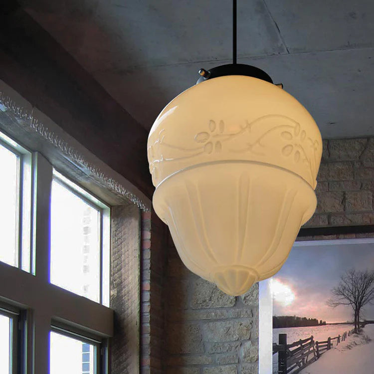 Suspension lumineuse vintage en verre blanc laiteux géométrique