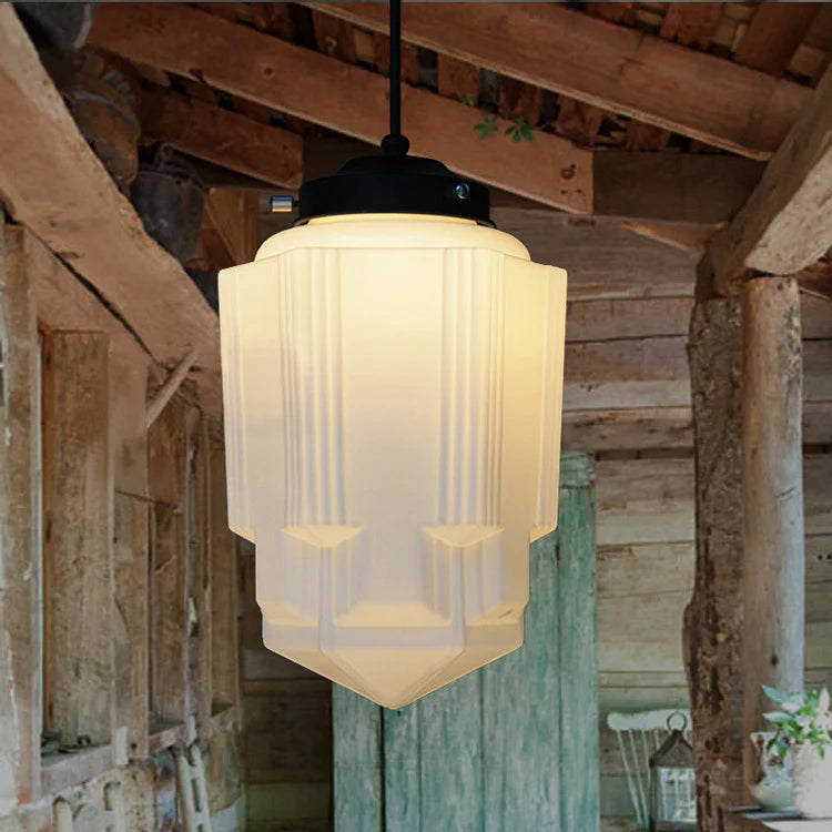 Suspension lumineuse vintage en verre blanc laiteux géométrique